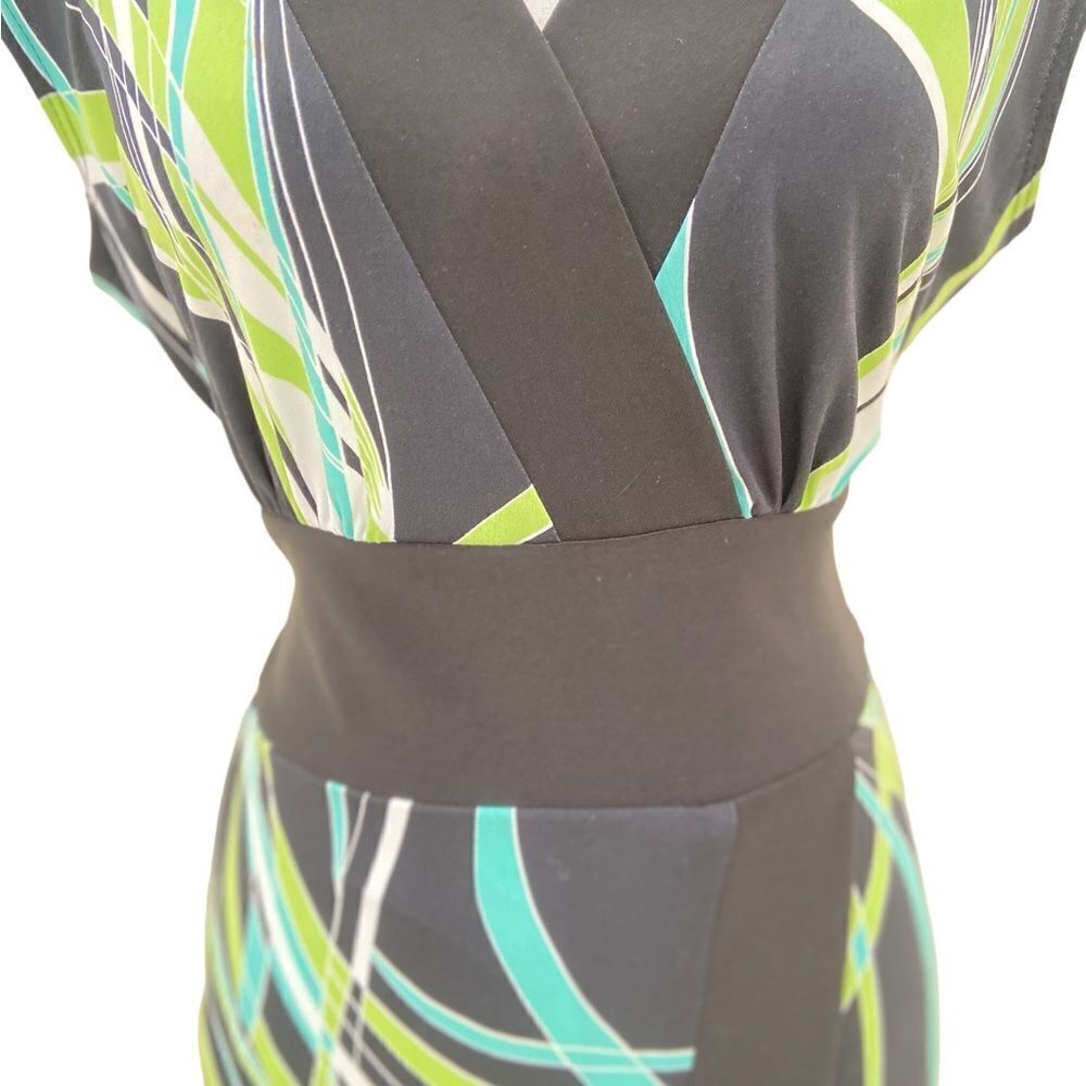 Frank Lyman v neck cap sleeve jersey knit dress black trim & belt graphic print - Picture 9 of 11